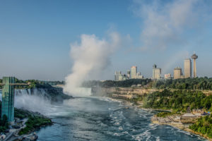 View of the Niagara River, Niagara Falls and the escarpment.