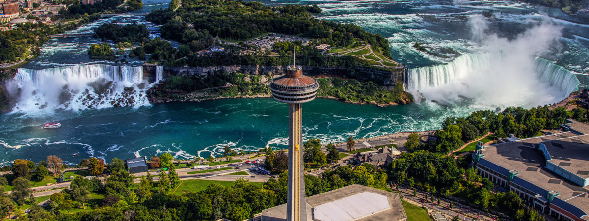 Aerial shot of the Skylon Tower in Niagara Falls Canada