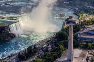 Aerial view of Skylon Tower rising above Niagara Falls, with observation deck and dining levels offering panoramic views of the Falls and city skyline